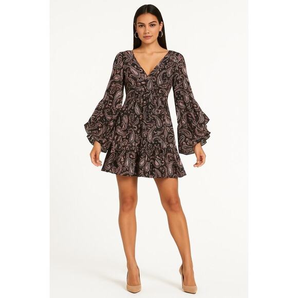 Betsey Johnson Dresses & Skirts - Betsey Johnson Black Pink Paisley Long Bell Sleeve Ruffle Mini Dress Size 8